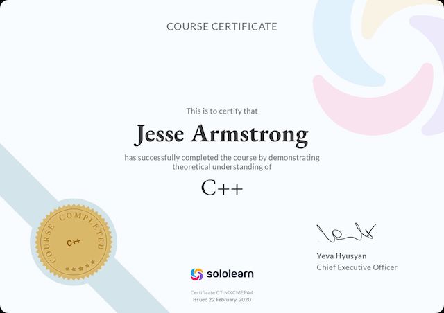 Jesse Armstrong's C++ Certificate