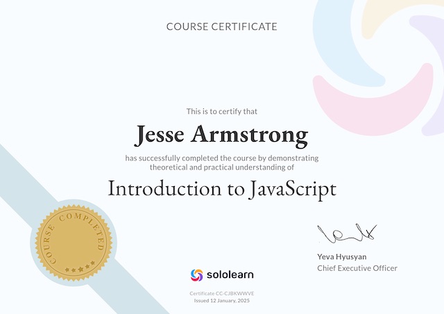 Jesse Armstrong's JavaScript Certificate